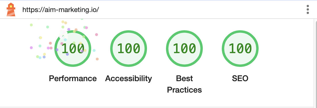 Screenshot des Lighthouse Scores von aim-marketing.io mit 100 Punkten