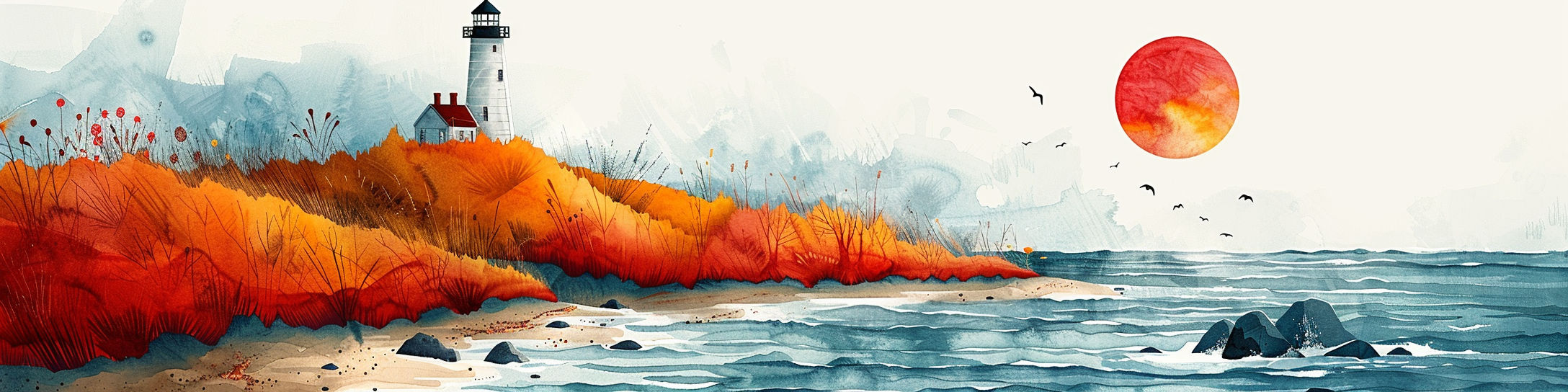 Aquarell Bild eines Leuchtturms auf einer kleinen Insel